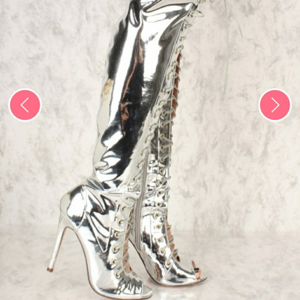 Metallic (Silver) lace up thigh high boots